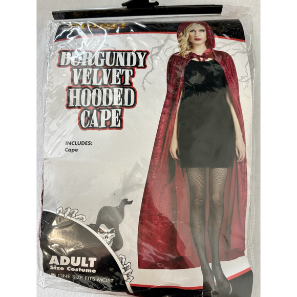 Burgundy Velvet Hooded Cape Adult One Size Halloween Costume Cloak Goth - Picture 4 of 4